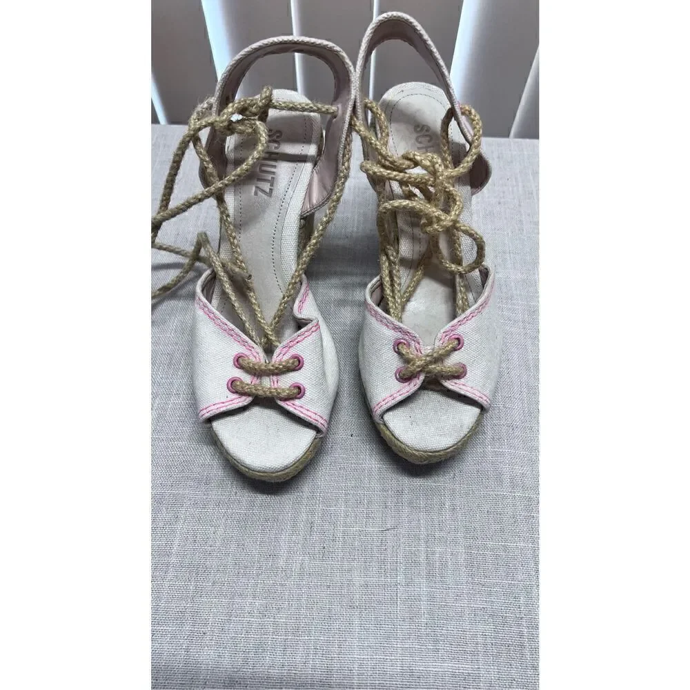 Schutz Women's Brynda Lace Up Espadrille Platform Wedges Cream Pink Size 6.5B